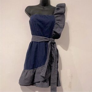 Elegant Navy and Gray One-Shoulder Dress